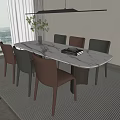 Modern Dining Table Set With Marble Top Six Brown Gray Chairs Striped Rug Pendant Light
