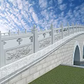 Stone Arch Bridge Over Calm Water With Trees Blue Sky And White Clouds