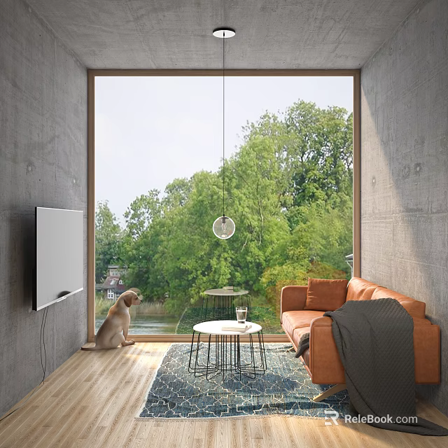 Orange Two Seater Sofa With Gray Blanket Dog By Large Window Green Trees Outside Wooden Floor 3d model 
