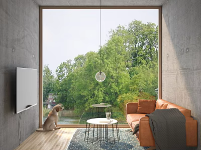 Orange Two Seater Sofa With Gray Blanket Dog By Large Window Green Trees Outside Wooden Floor 3d model