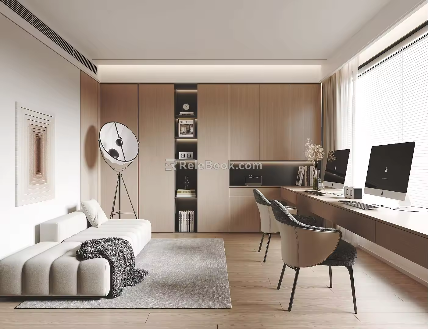 Modern Study Double Study Desk and Chair Combination Bookcase 3d model