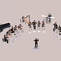 Group of Musicians Playing Various Instruments with Conductor Leading Orchestra