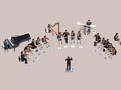 Group of Musicians Playing Various Instruments with Conductor Leading Orchestra 3d model