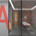 Creative Modern Wall Design With Red Letter A Glass Panels Curved Lines And Dot Patterns 3d model