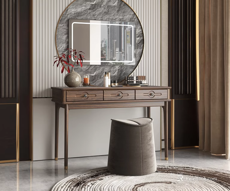 Modern Luxury Vanity Table With Round Mirror Stool And Decorations 3d model 