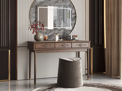 Modern Luxury Vanity Table With Round Mirror Stool And Decorations 3d model