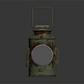 Green Rusted Old Lantern With Round Yellow Light Panel Square Handle And Dark Background Reflection 3d model