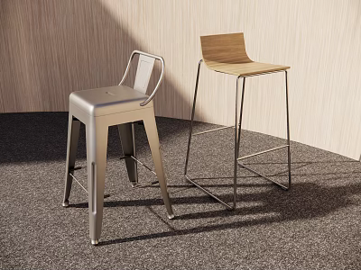 Modern Bar Stools With Metal Frame And Wooden Seat In Interior Space 3d model