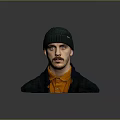 Man in Gray Beanie With Mustache Orange Shirt Dark Coat and Gray Background Reflection