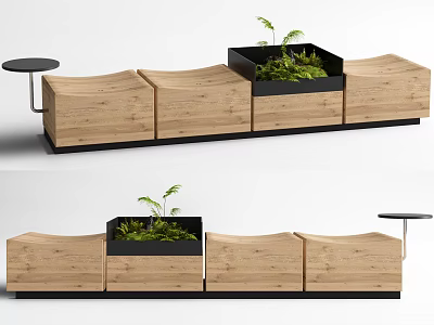 Wooden Modular Landscape Seating Featuring Planter Box Green Plants And Small Round Table 3d model