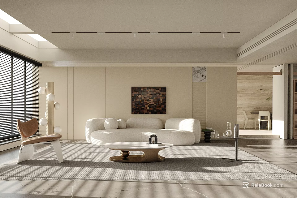 Modern Minimalist Living Room Interior With White Sofa Area Rug And Decorative Painting 3d model 