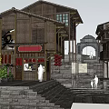 Traditional Chinese Commercial Street With Classic Wooden Buildings Red Lanterns People Walking Around