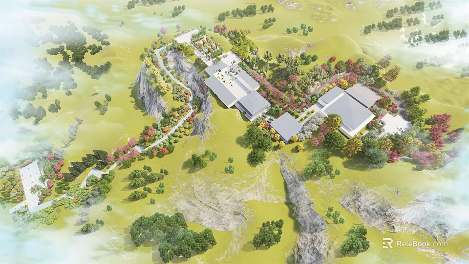 Aerial Planning for Mountainous Area with Architectural Structures Lush Vegetation and Scenic Pathways 3d model 