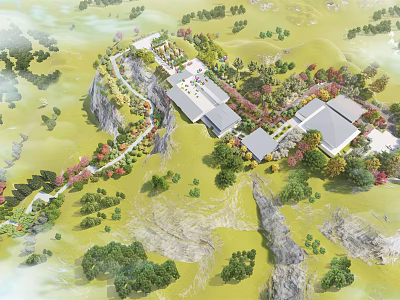 Aerial Planning for Mountainous Area with Architectural Structures Lush Vegetation and Scenic Pathways 3d model