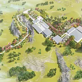 Aerial Planning for Mountainous Area with Architectural Structures Lush Vegetation and Scenic Pathways