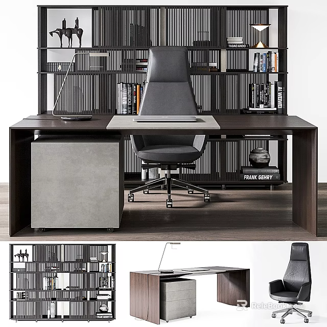 Modern Office Desk With Black Ergonomic Chair And Bookshelf Background 3d model 