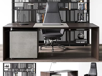 Modern Office Desk With Black Ergonomic Chair And Bookshelf Background 3d model