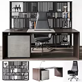 Modern Office Desk With Black Ergonomic Chair And Bookshelf Background