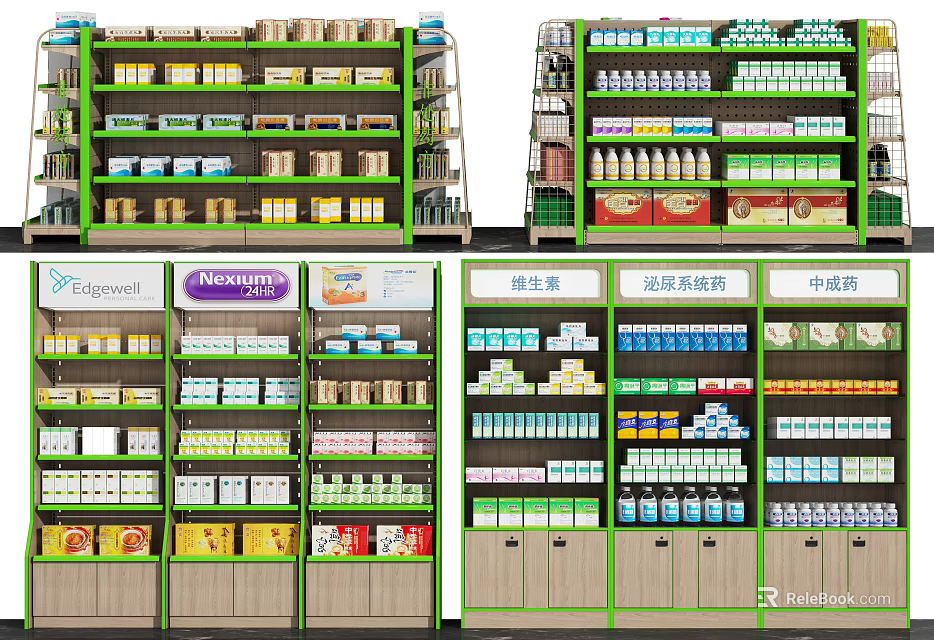 Multitiered Retail Display Shelves With Green Frame Wooden Base And Various Products 3d model 