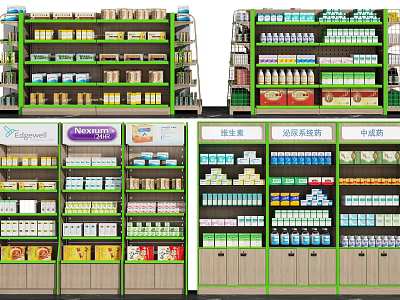 Multitiered Retail Display Shelves With Green Frame Wooden Base And Various Products 3d model