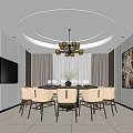 Modern Elegant Private Dining Room With Round Table Orange Chairs Chandelier And Circular Ceiling