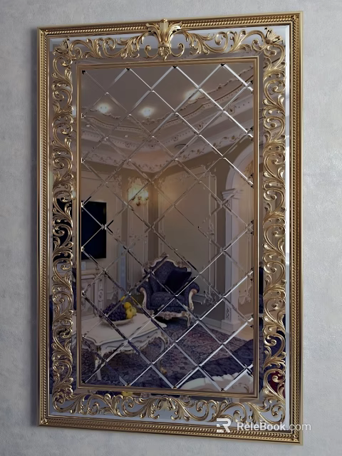 Ornate Golden Framed Mirror Reflecting Elegant Room Interior With Classic Furniture 3d model 