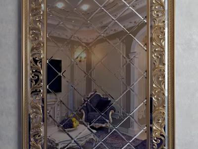 Ornate Golden Framed Mirror Reflecting Elegant Room Interior With Classic Furniture 3d model