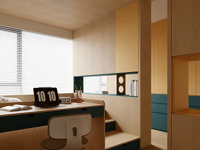 Modern Kids Room Interior With Study Desk Chair Window Blinds Wooden Storage And Teal Drawers 3d model