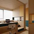 Modern Kids Room Interior With Study Desk Chair Window Blinds Wooden Storage And Teal Drawers