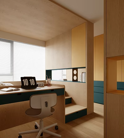 Modern Kids Room Interior With Study Desk Chair Window Blinds Wooden Storage And Teal Drawers 3d model