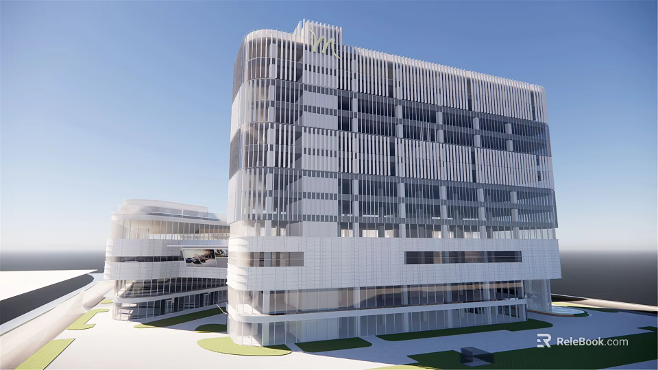 Modern Office Building With Glass Curtain Walls Geometric Facade And Multi Storey Design 3d model 