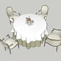 Elegant Round Dining Table with White Tablecloth Beige Trim and Four Light Colored Armchairs Set 3d model