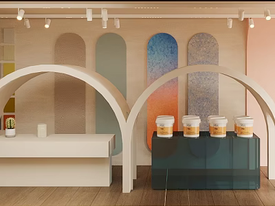 Specialty Store Interior Featuring Arched Structures Paint Cans And Colorful Walls 3d model