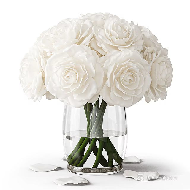 Beautiful White Roses Bouquet in Transparent Glass Vase with Green Stems 3d model 