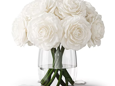 Beautiful White Roses Bouquet in Transparent Glass Vase with Green Stems 3d model