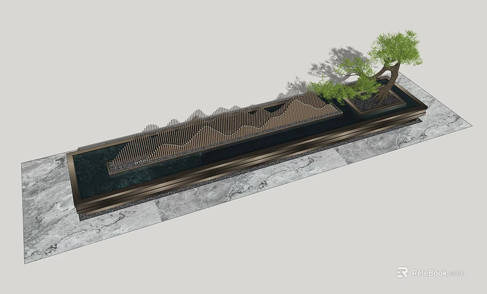 Garden Ornament With Mountain Like Structure Water Feature And Small Tree On Marble Base 3d model