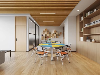 Modern Bright Interior With Wooden Ceiling Colorful Round Table Orange Chairs And Bookshelves 3d model