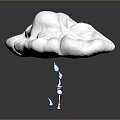 White Cloud With Falling Water Droplets Little Figure And Small Blue Object On Dark Background
