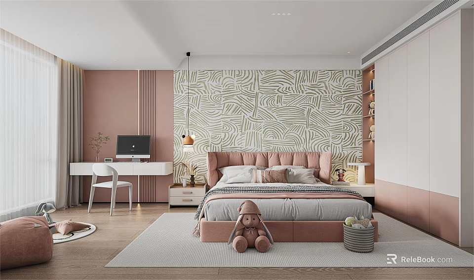 Kids Room With Pink Walls Patterned Wallpaper Soft Headboard Stuffed Toy Desk Computer And Bookshelf 3d model 