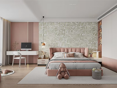 Kids Room With Pink Walls Patterned Wallpaper Soft Headboard Stuffed Toy Desk Computer And Bookshelf 3d model