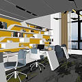 Modern Public Office Space With Yellow Wall Bookshelves White Desks Gray Chairs And Large Windows