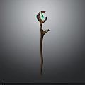 Enchanted Wooden Staff Weapon with Forked Top Green Glowing Gem and White Bindings