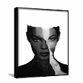 Black and White Framed Portrait Painting With Female Face Half Rock Texture