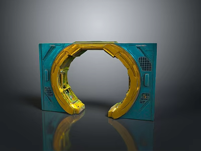 Futuristic Landscape With Blue And Gold Circular Structure Grid Decorations And Reflections 3d model