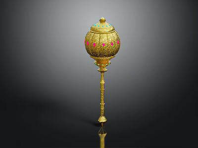Ancient Golden Ceremonial Weapon With Spherical Top And Red Blue Decorations 3d model