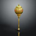 Ancient Golden Ceremonial Weapon With Spherical Top And Red Blue Decorations