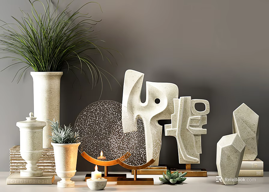 Decorative Ornament Set with Green Plants Candle Abstract Geometric Ornaments Round Plate Gray Background 3d model 