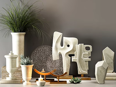 Decorative Ornament Set with Green Plants Candle Abstract Geometric Ornaments Round Plate Gray Background 3d model