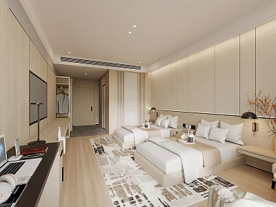 Modern Hotel Room With Twin Beds Wooden Walls Carpet And Table Lamps 3d model