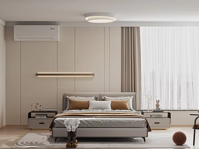 Modern Bedroom Interior Design With Bed Frame Side Tables Wall Lights And Curtains 3d model